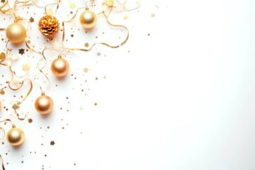 New year modern composition. Golden decorations, confetti, streamers, stars on white background. Christmas, New Year, winter concept. Flat lay