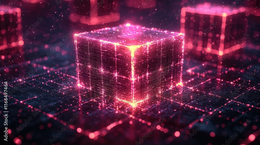 Poster a glowing cube in a digital landscape, symbolizing technology and data visualization.