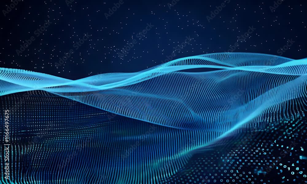 Poster a dynamic digital abstract background featuring futuristic waves, glowing neon lines, and flowing pa