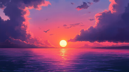 ピンクと紫に染まる海の夕日
