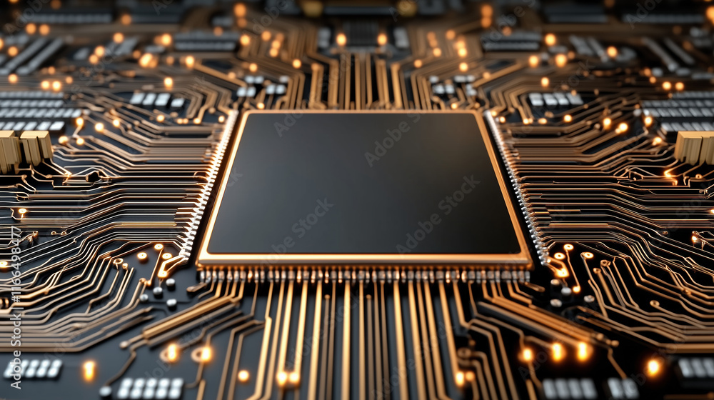 Poster high tech circuit board with central processing unit and glowing lights