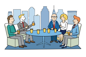 A group of executives having a casual meeting in a rooftop lounge vector art illustration.eps