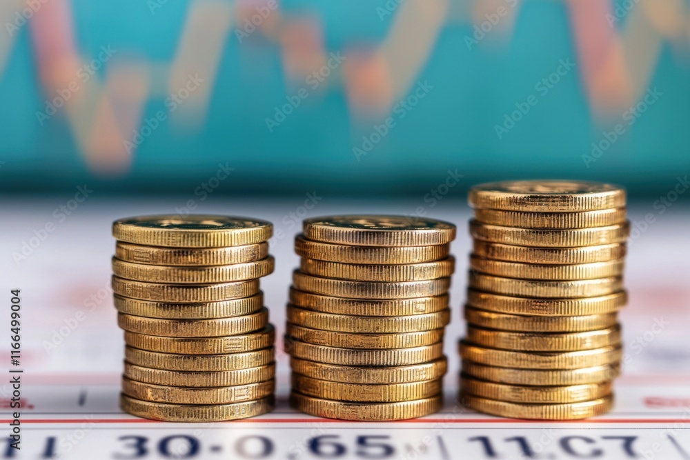 Poster the image features stacks of golden coins arranged in increasing height against a blurred financial 