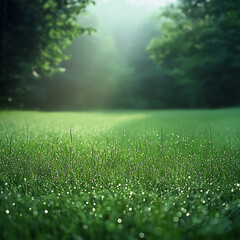 Naklejka premium A tranquil emerald meadow in the morning mist, with dewdrops glistening on the grass, surrounded by a peaceful forest backdrop