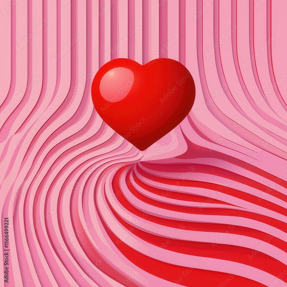 Poster a vibrant red heart floats above wavy pink lines, creating a dynamic and playful visual effect.