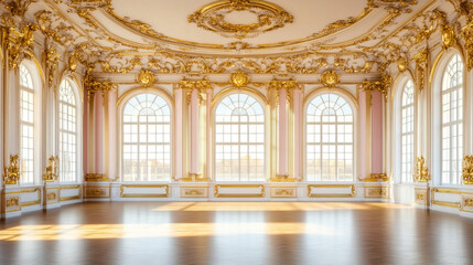 Obraz premium grand rococo palace ballroom with ornate gold decor and large sunlit windows showcasing elegant architectural details in a luxurious european interior design
