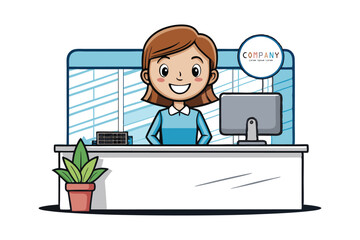 A cheerful receptionist sitting at a sleek, modern desk vector art illustration.eps