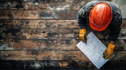 Worker with Hard Hat and Safety Gloves Checking Plans on Site
