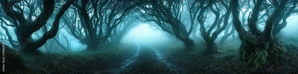 Poster a misty forest path lined with twisted trees, creating an eerie and mysterious atmosphere.