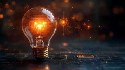 Glowing light bulb on dark tech background.