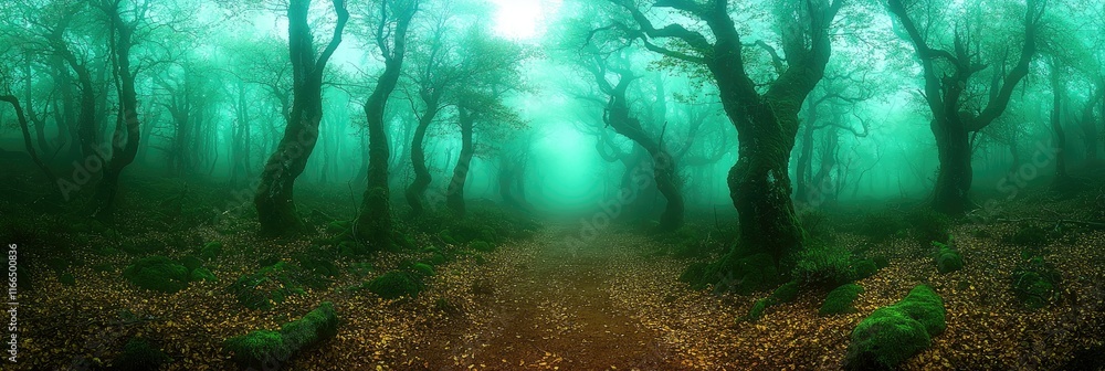 Poster a misty forest path surrounded by trees and fallen leaves, creating a serene atmosphere.