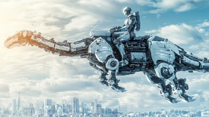A futuristic robot rider on a mechanical dinosaur soaring above a city skyline.