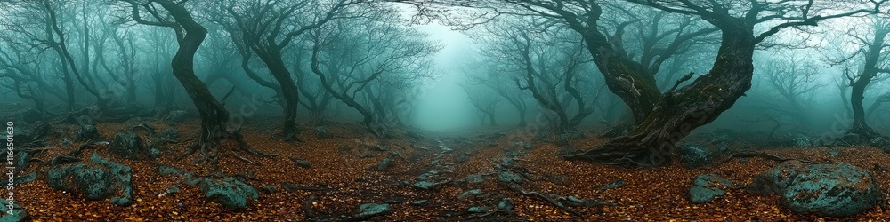 Poster a misty forest scene with twisted trees and fallen leaves, evoking a mysterious atmosphere.