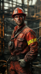 Fototapeta premium Industrial worker in orange uniform and hard hat