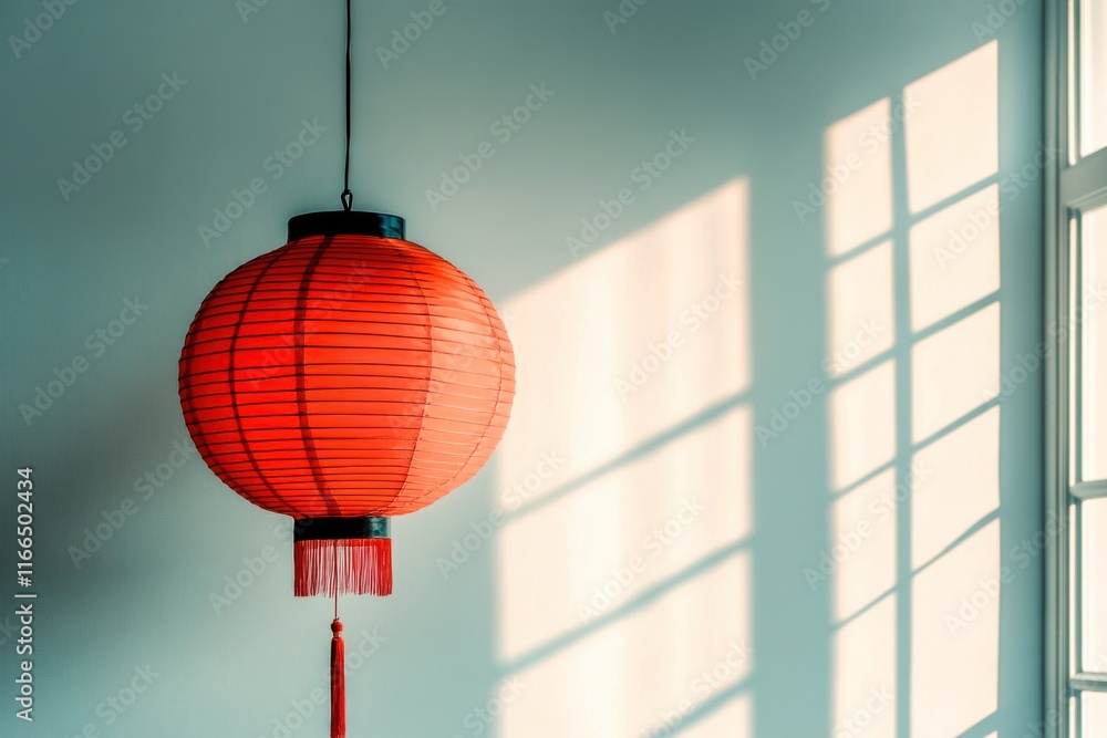 Poster a vibrant red lantern hangs against a wall, casting soft shadows from the window, creating a warm an