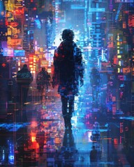 A person disintegrating into pixels walks through a vibrant, futuristic city at night, surrounded by blurry figures.