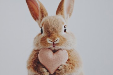 A cute rabbit holding a heart-shaped object, conveying themes of love and affection against a soft, neutral background.