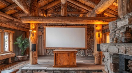 Cozy cabin adorned with wooden features and blank wood frame.
