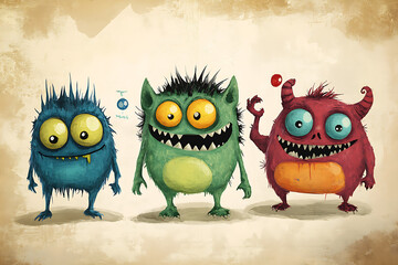 Fototapeta premium Three colorful, cartoonish monsters with exaggerated features and playful expressions.