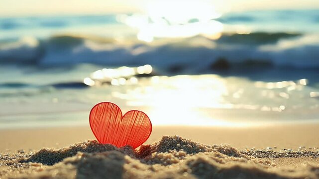 charming red art shaped plastic stick embedded in sandy beach surroundings captured gentle waves radiant summer sun