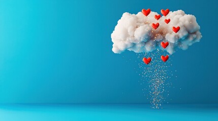 A whimsical cloud rains down red hearts, symbolizing love and affection against a vibrant blue background.