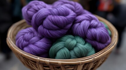 Purple and green yarn balls in a woven basket