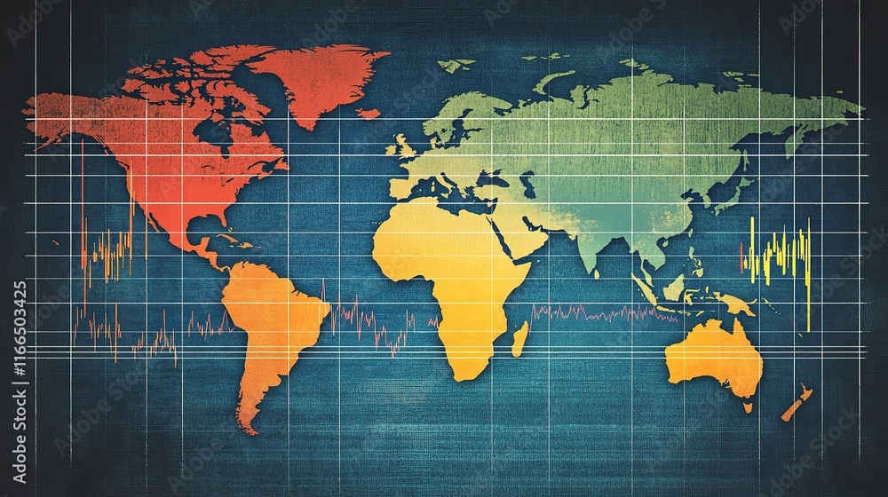 Poster world map with graph lines overlaid illustrating data connections