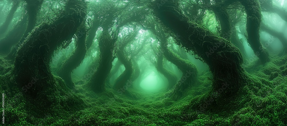 Poster a mystical forest with twisted trees and lush green moss, creating an enchanting atmosphere.