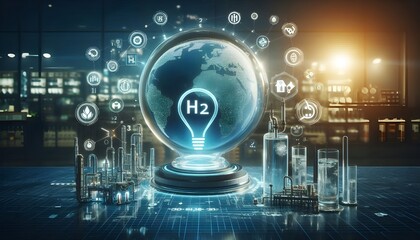 H2 hydrogen innovation zero emissions technology.Globe Glass with H2 icons. Reduce carbon dioxide and greenhouse gases production fuel station. renewable fuel green energy.Green hydrogen.