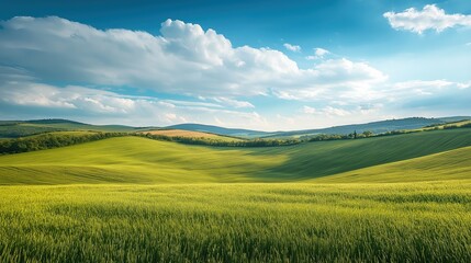 A large, open field with a clear blue sky and a few clouds