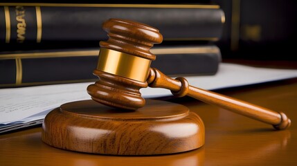 Courtroom scene featuring a judge's gavel on the desk, symbolizing justice, authority, and the administration of the law in a formal legal setting