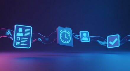 Neon Icons Resume Clock Profile Checkmark Abstract Background