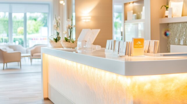 Serene Spa Reception:  A calming and inviting spa reception area, bathed in warm, ambient lighting. Clean lines and elegant design create a tranquil atmosphere. 