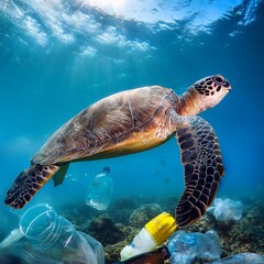 Obraz premium 海の中を泳ぐ海亀とゴミ（Sea turtles swimming in the ocean and garbage dumped in the sea） 