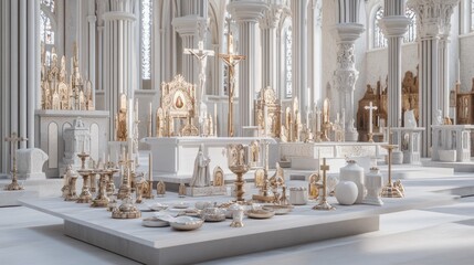 Fototapeta premium A serene interior of a church featuring ornate religious artifacts and an altar.