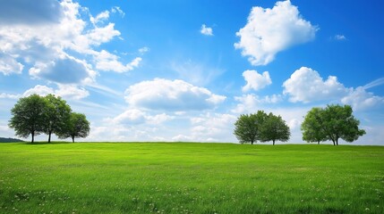 A field of grass with a few trees and a clear blue sky