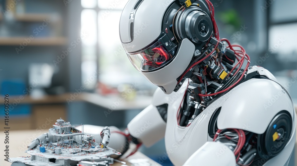 Poster a humanoid robot assembling a miniature model in a modern workspace.