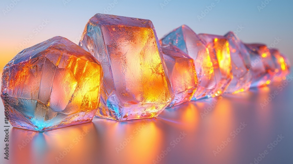 Poster a row of illuminated ice cubes reflecting warm colors against a soft background.