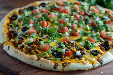 Crispy Mexican pizza with seasoned beans, taco meat, jalapenos, and creamy avocado sauce