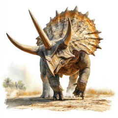 Fototapeta premium A detailed illustration of a Triceratops walking through a prehistoric landscape.