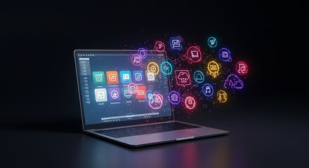 Laptop Screen with Colorful App Icons Digital Technology Online Media Software Interface