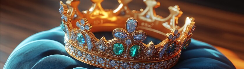 A golden crown adorned with jewels resting on a plush blue cushion.