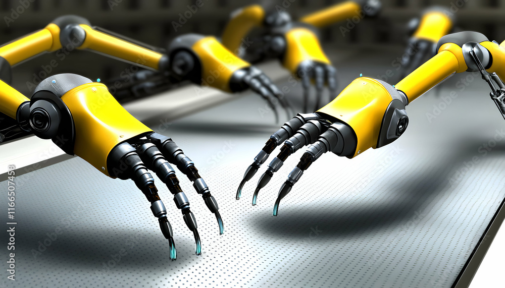 Poster close-up of robotic arms performing precision work on a textured surface, showcasing advanced automa