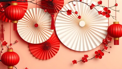 Obraz premium Festive Chinese New Year Decor with Paper Lanterns and Fans