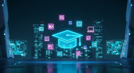 Online Education Digital Learning Graduation Cap Futuristic Technology App Icons Cityscape
