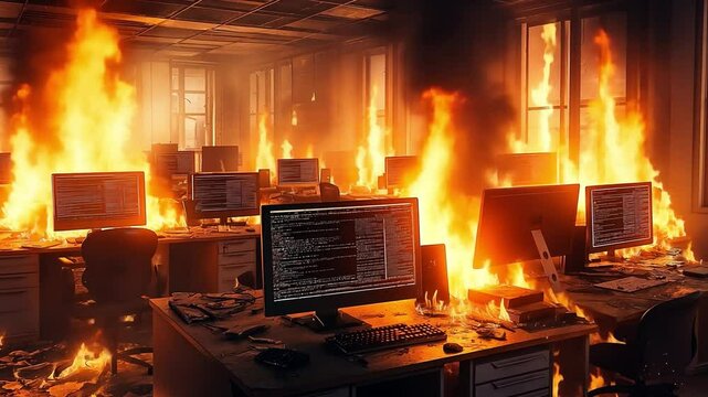 Multiple computers are burning in an office setting that is engulfed in flames, producing a dramatic and intense sight of chaos and ruin.