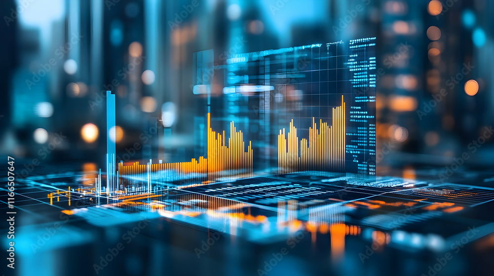 Poster digital data visualization with graphs and city backdrop.