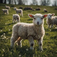 Focus on lambs playing in spring meadows.
