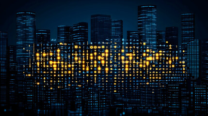 Urban skyline illuminated with digital patterns.