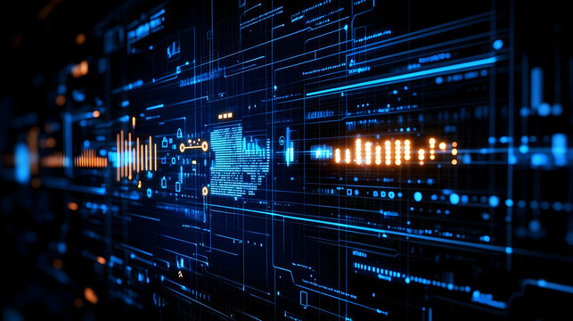 Abstract digital circuit design with blue and orange hues.